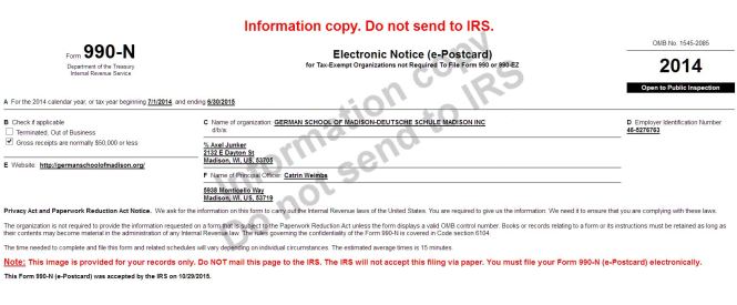 Information copy Form 990N 2014-2015